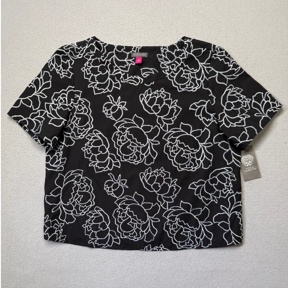 Vince Camuto Women's Embroidered Floral Short-Sleeve Top black Medium $79